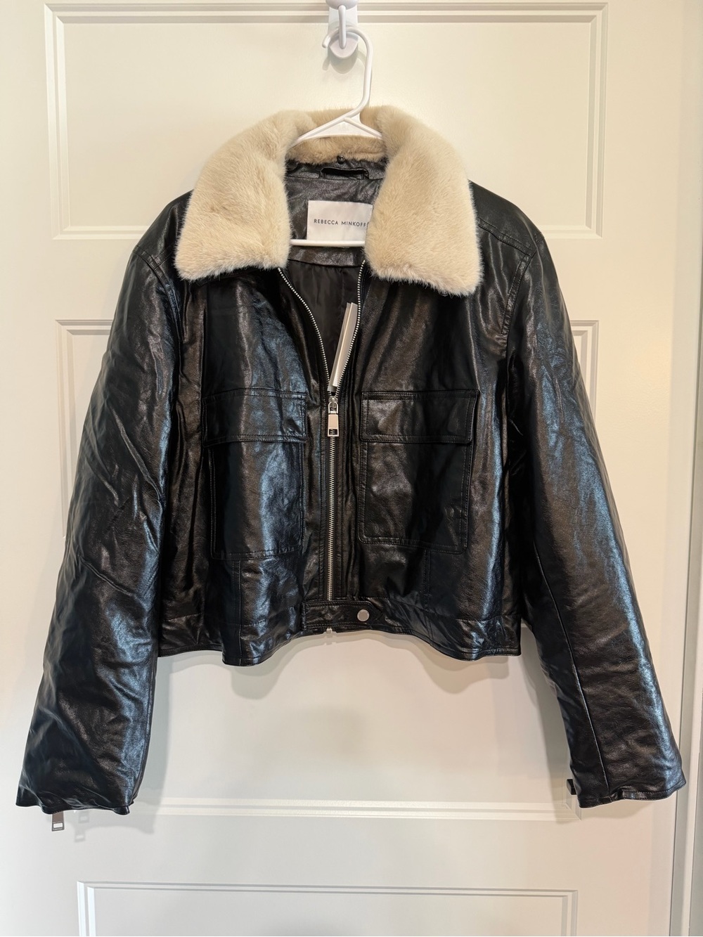 Rebecca Minkoff NWT Faux Leather Shearling Collar Bomber Jacket Black XL